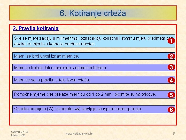 6. Kotiranje crteža 2. Pravila kotiranja Sve se mjere zadaju u milimetrima i označavaju