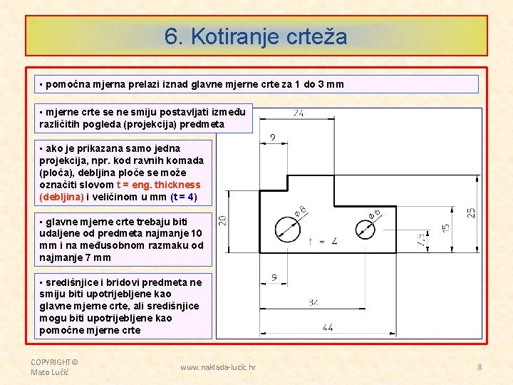 6. Kotiranje crteža • pomoćna mjerna prelazi iznad glavne mjerne crte za 1 do