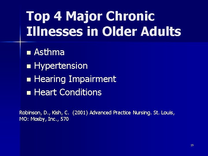 Top 4 Major Chronic Illnesses in Older Adults Asthma n Hypertension n Hearing Impairment
