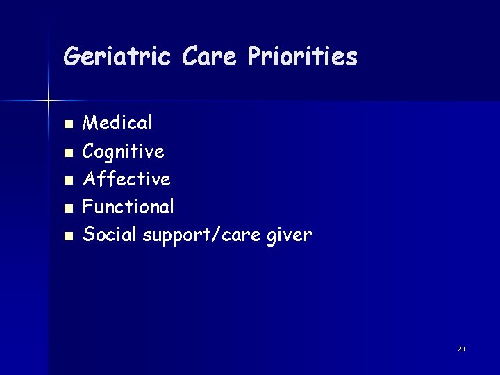 Geriatric Care Priorities n n n Medical Cognitive Affective Functional Social support/care giver 20