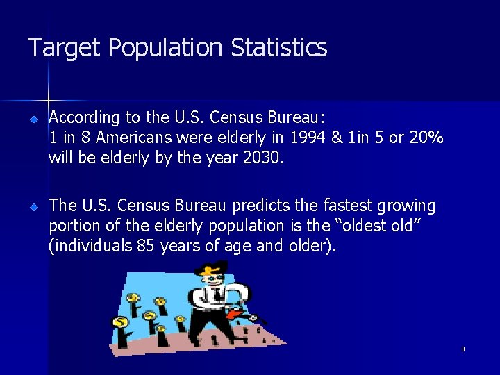  Target Population Statistics According to the U. S. Census Bureau: 1 in 8