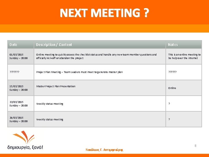 NEXT MEETING ? Date Description / Content Notes 01/03/2015 Sunday – 20: 00 Online