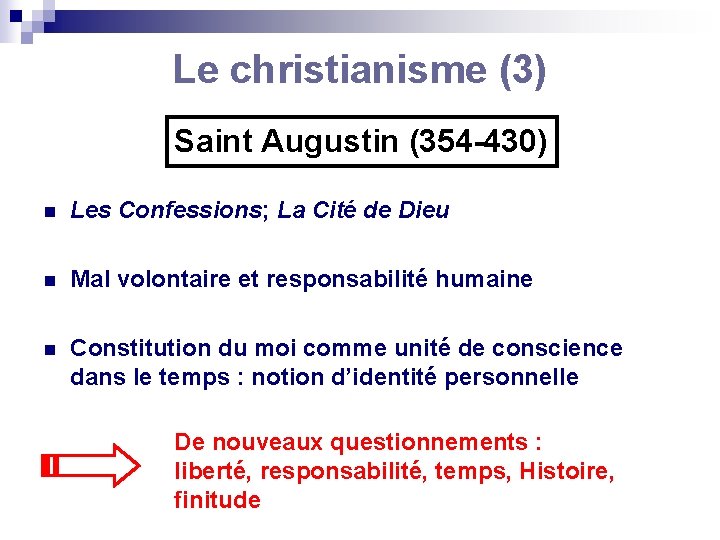 Le christianisme (3) Saint Augustin (354 -430) n Les Confessions; La Cité de Dieu