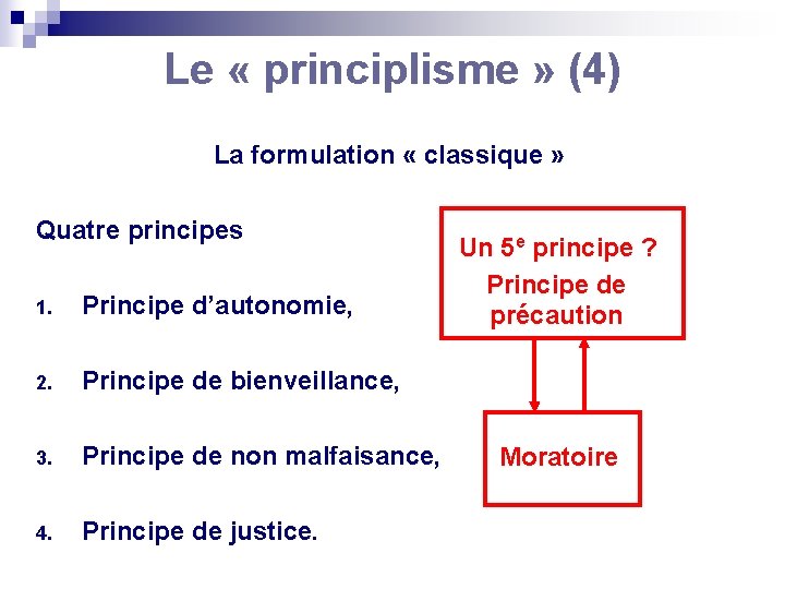 Le « principlisme » (4) La formulation « classique » Quatre principes 1. Principe
