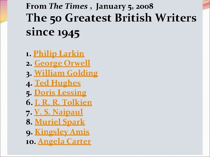 From The Times , January 5, 2008 The 50 Greatest British Writers since 1945