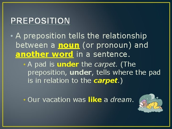 PREPOSITION • A preposition tells the relationship between a noun (or pronoun) and another