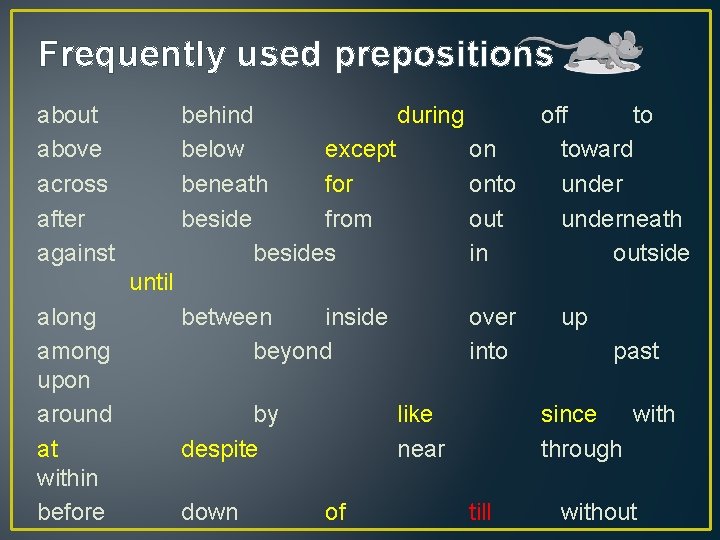 Frequently used prepositions about above across after against behind during below except on beneath