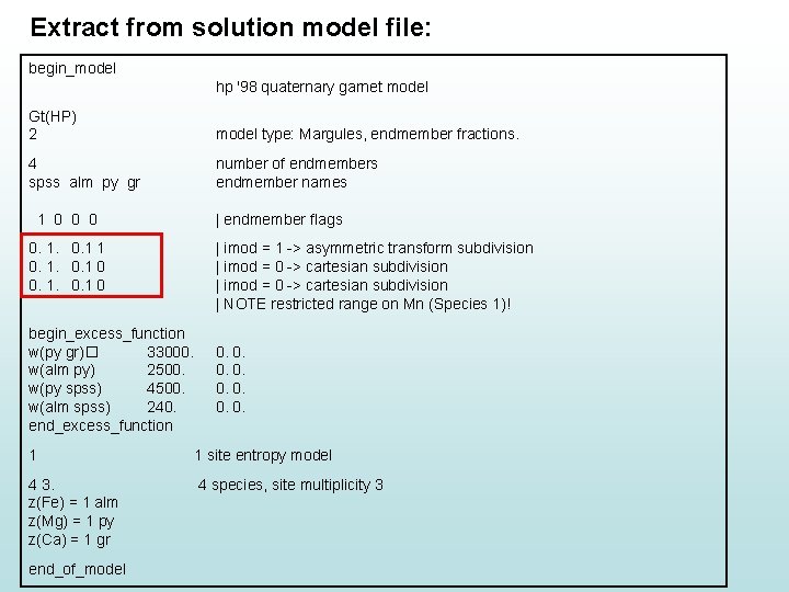 Extract from solution model file: begin_model hp '98 quaternary garnet model Gt(HP) 2 model