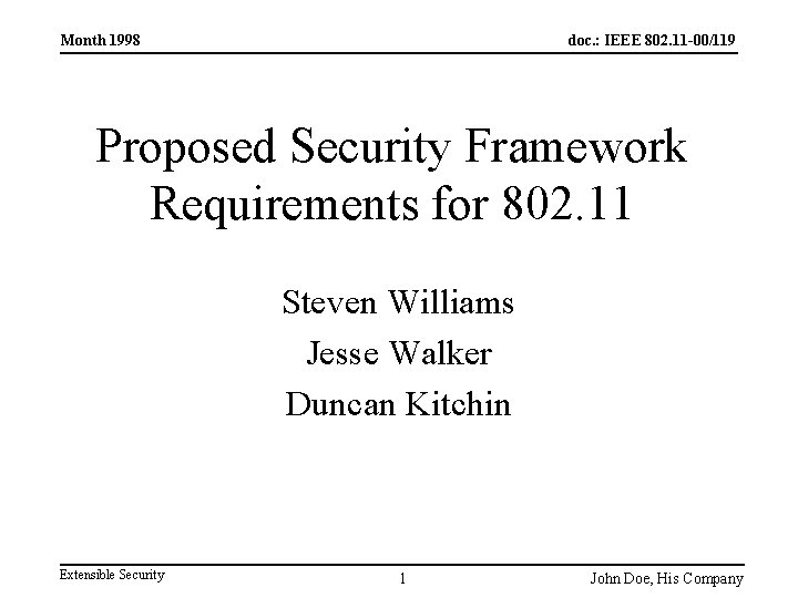 Month 1998 doc. : IEEE 802. 11 -00/119 Proposed Security Framework Requirements for 802.