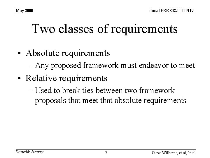 May 2000 doc. : IEEE 802. 11 -00/119 Two classes of requirements • Absolute