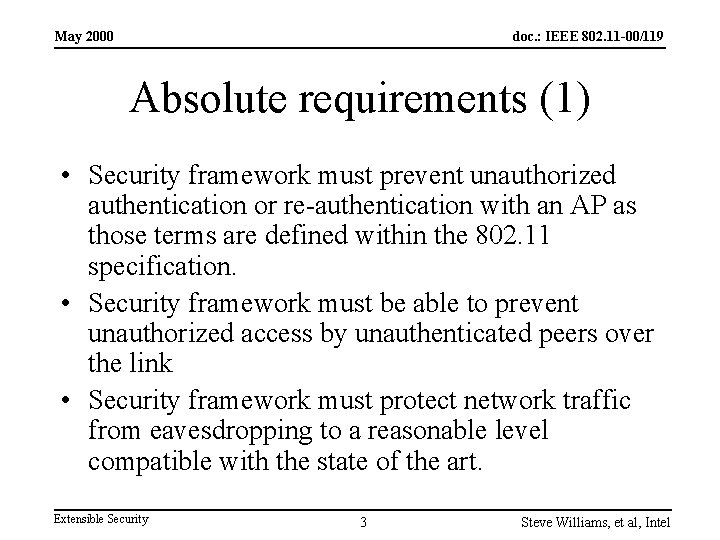 May 2000 doc. : IEEE 802. 11 -00/119 Absolute requirements (1) • Security framework