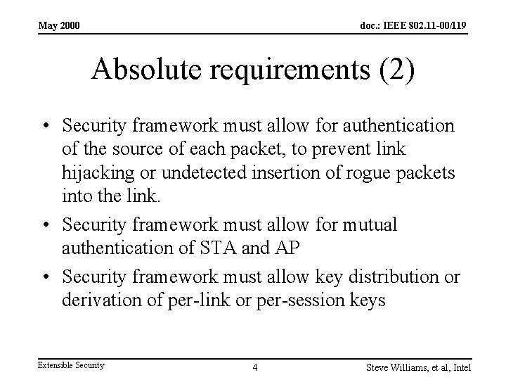 May 2000 doc. : IEEE 802. 11 -00/119 Absolute requirements (2) • Security framework