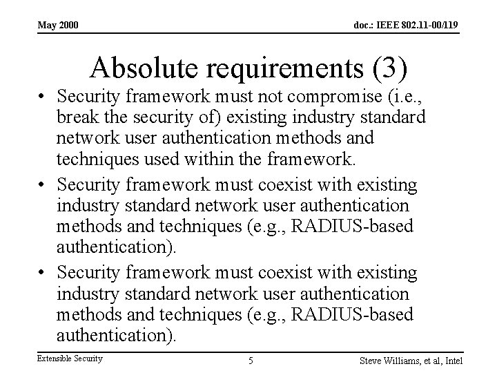 May 2000 doc. : IEEE 802. 11 -00/119 Absolute requirements (3) • Security framework