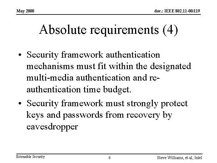 May 2000 doc. : IEEE 802. 11 -00/119 Absolute requirements (4) • Security framework