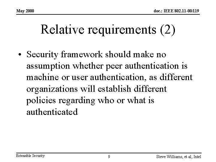 May 2000 doc. : IEEE 802. 11 -00/119 Relative requirements (2) • Security framework