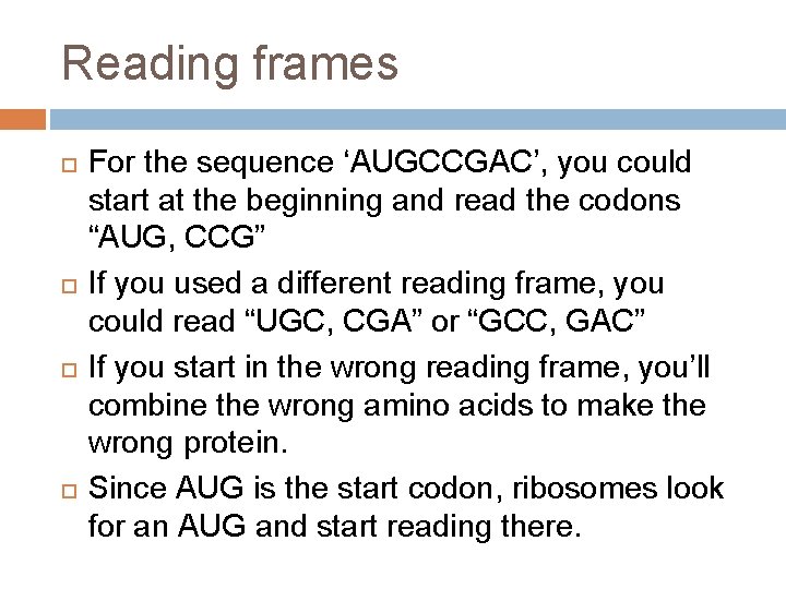 Reading frames For the sequence ‘AUGCCGAC’, you could start at the beginning and read