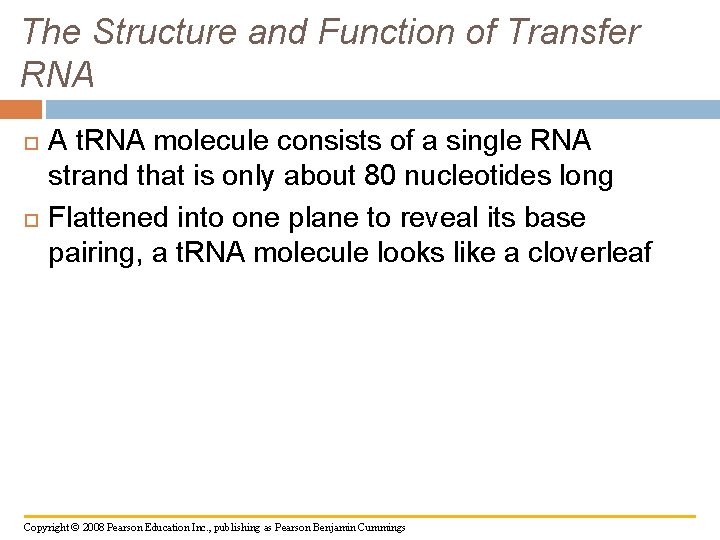 The Structure and Function of Transfer RNA A t. RNA molecule consists of a