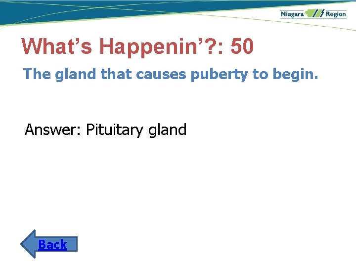 What’s Happenin’? : 50 The gland that causes puberty to begin. Answer: Pituitary gland