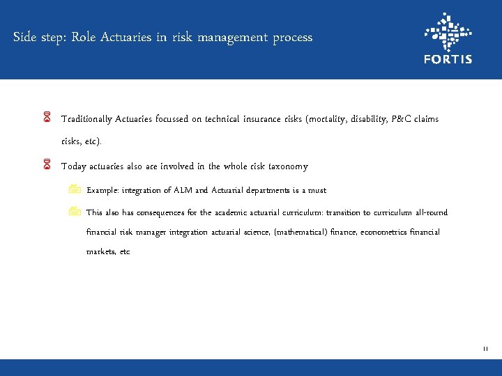 Side step: Role Actuaries in risk management process 6 Traditionally Actuaries focussed on technical