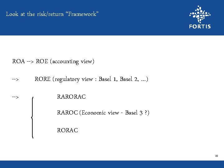 Look at the risk/return “Framework” ROA --> ROE (accounting view) --> RORE (regulatory view