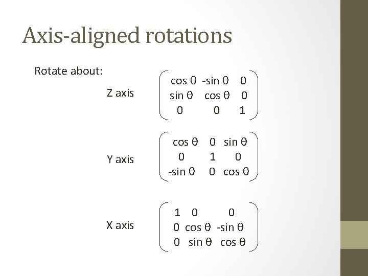 Axis-aligned rotations Rotate about: Z axis cos θ -sin θ 0 sin θ cos
