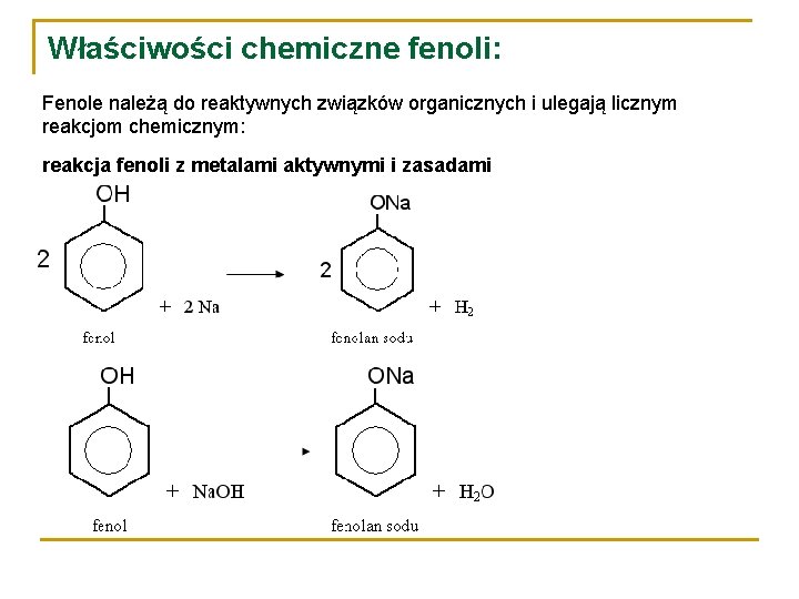 Właściwości chemiczne fenoli: Fenole należą do reaktywnych związków organicznych i ulegają licznym reakcjom chemicznym: