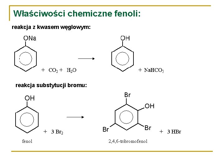 Właściwości chemiczne fenoli: reakcja z kwasem węglowym: reakcja substytucji bromu: 
