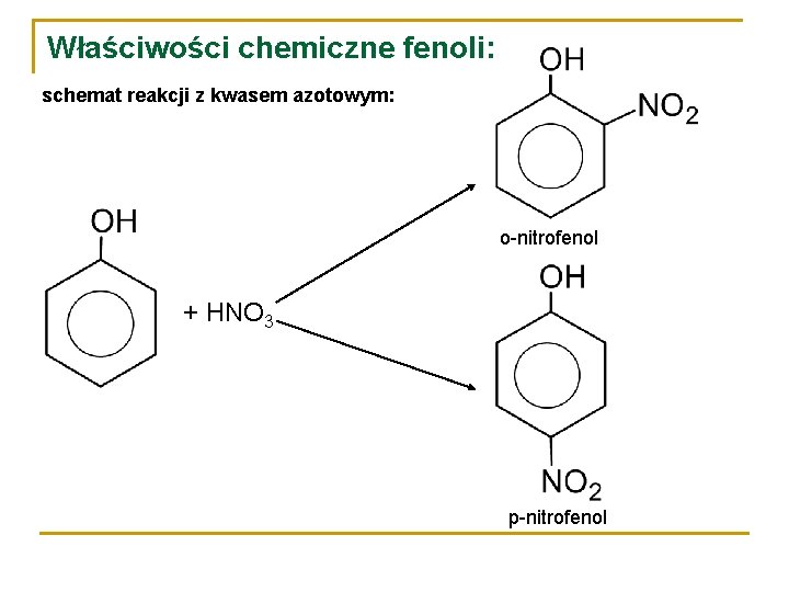 Właściwości chemiczne fenoli: schemat reakcji z kwasem azotowym: o-nitrofenol + HNO 3 p-nitrofenol 