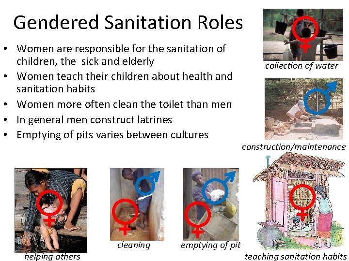  Gendered Sanitation Roles • Women are responsible for the sanitation of children, the