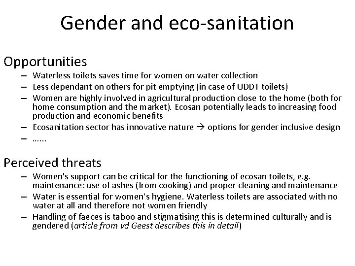 Gender and eco-sanitation Opportunities – Waterless toilets saves time for women on water collection