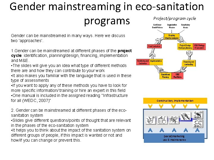 Gender mainstreaming in eco-sanitation programs Project/program cycle Gender can be mainstreamed in many ways.