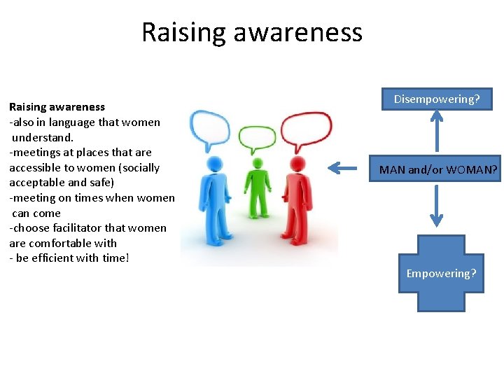 Raising awareness -also in language that women understand. -meetings at places that are accessible