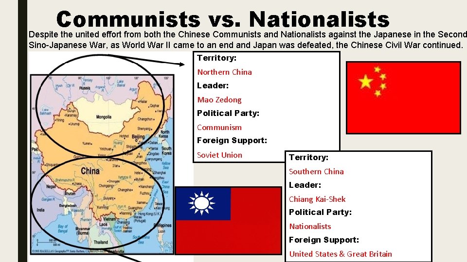 Communists vs. Nationalists Despite the united effort from both the Chinese Communists and Nationalists