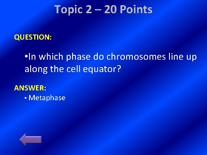 Topic 2 – 20 Points QUESTION: • In which phase do chromosomes line up