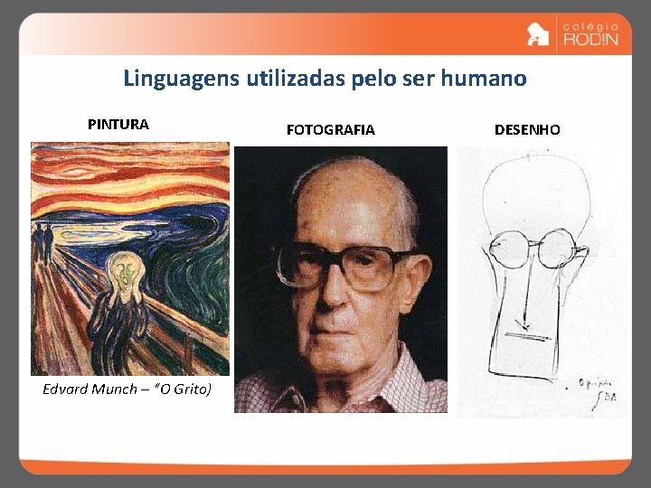 Linguagens utilizadas pelo ser humano PINTURA Edvard Munch – “O Grito) FOTOGRAFIA DESENHO 
