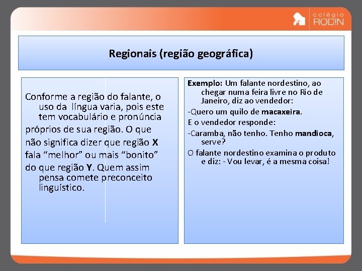 Regionais (região geográfica) Conforme a região do falante, o uso da língua varia, pois