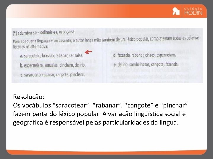Resolução: Os vocábulos “saracotear”, “rabanar”, “cangote” e “pinchar” fazem parte do léxico popular. A