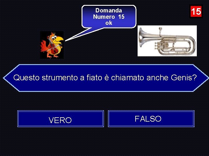 15 Domanda Numero 15 ok Questo strumento a fiato è chiamato anche Genis? VERO