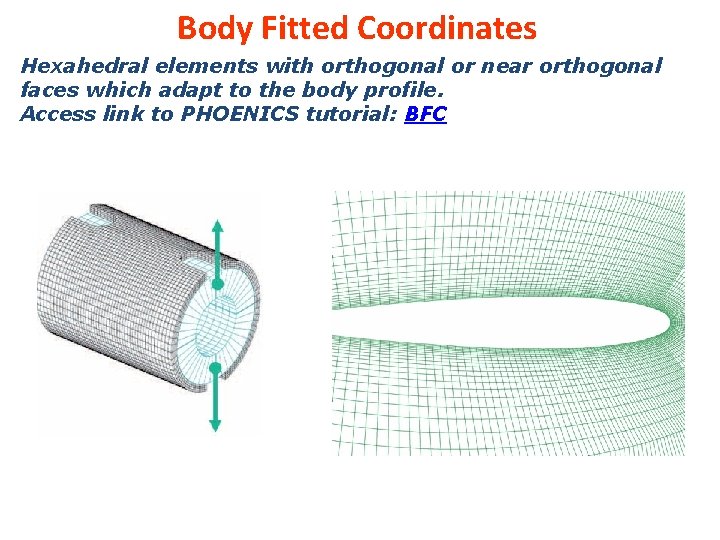 Body Fitted Coordinates Hexahedral elements with orthogonal or near orthogonal faces which adapt to