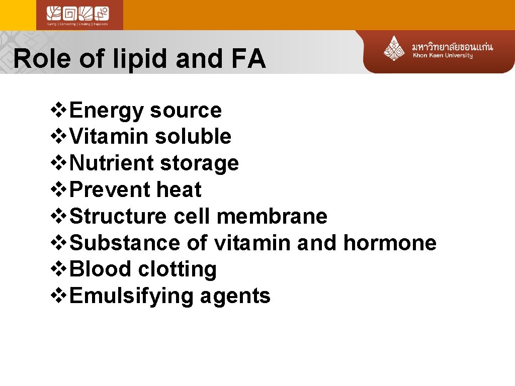 Role of lipid and FA v. Energy source v. Vitamin soluble v. Nutrient storage