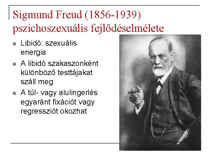 Sigmund Freud (1856 -1939) pszichoszexuális fejlődéselmélete n n n Libidó: szexuális energia A libidó