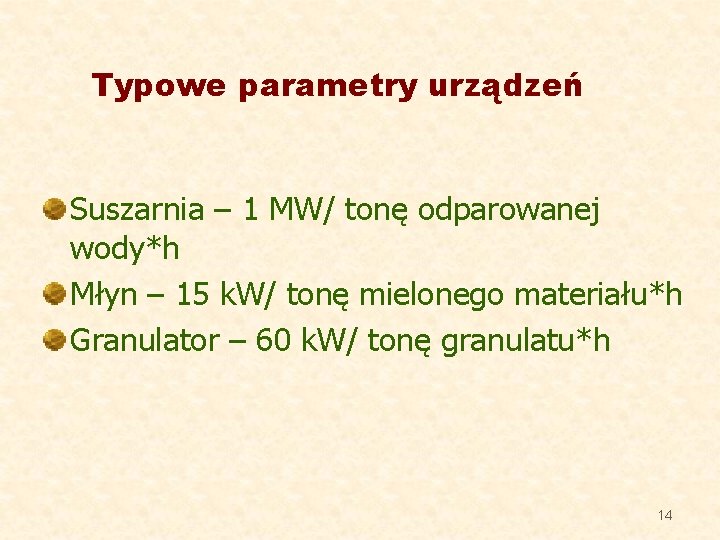 Typowe parametry urządzeń Suszarnia – 1 MW/ tonę odparowanej wody*h Młyn – 15 k.