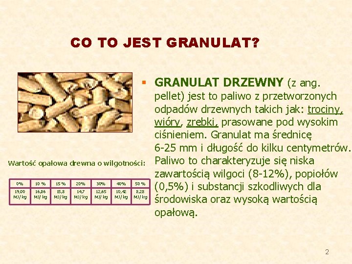 CO TO JEST GRANULAT? § GRANULAT DRZEWNY (z ang. Wartość opałowa drewna o wilgotności: