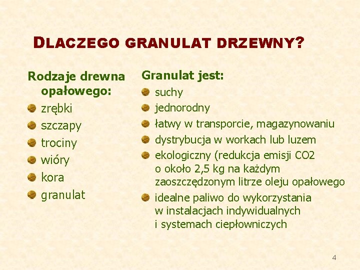 DLACZEGO GRANULAT DRZEWNY? Rodzaje drewna opałowego: zrębki szczapy trociny wióry kora granulat Granulat jest: