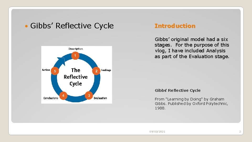  Gibbs’ Reflective Cycle Introduction Gibbs’ original model had a six stages. For the