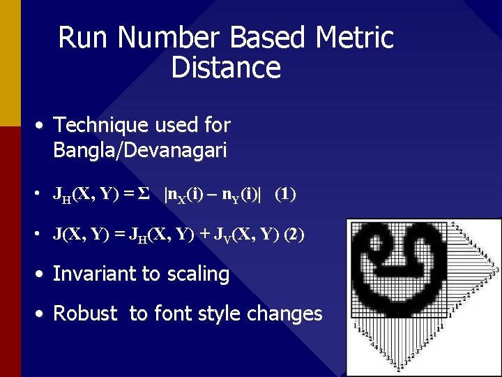 Run Number Based Metric Distance • Technique used for Bangla/Devanagari • JH(X, Y) =