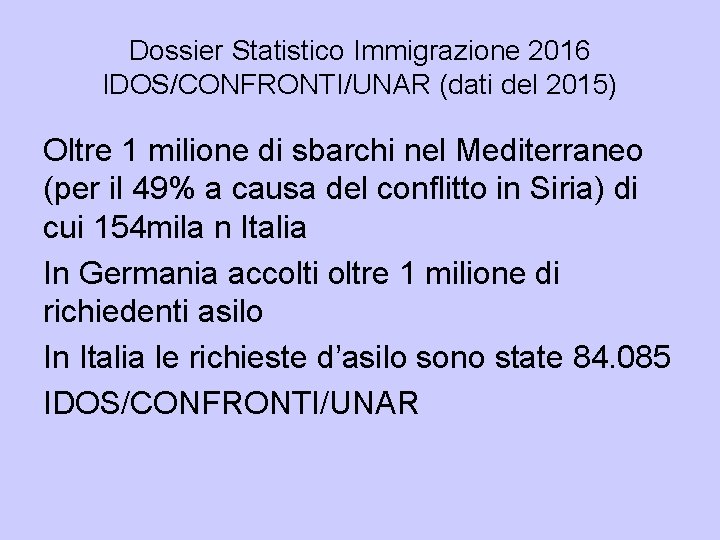 Dossier Statistico Immigrazione 2016 IDOS/CONFRONTI/UNAR (dati del 2015) Oltre 1 milione di sbarchi nel