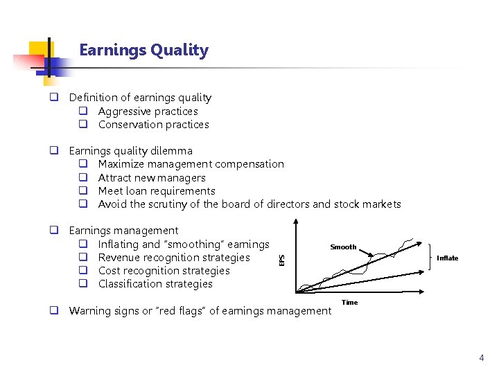 Earnings Quality q Definition of earnings quality q Aggressive practices q Conservation practices q