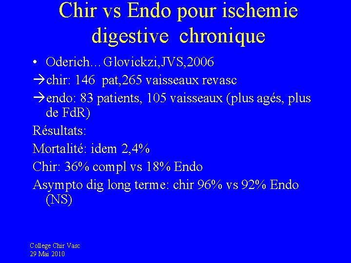 Chir vs Endo pour ischemie digestive chronique • Oderich…Glovickzi, JVS, 2006 chir: 146 pat,