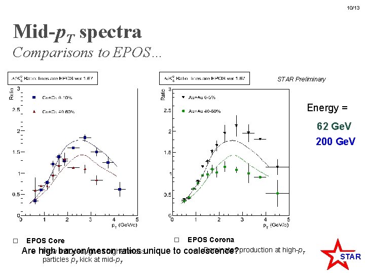 10/13 Mid-p. T spectra Comparisons to EPOS… STAR Preliminary Energy = 62 Ge. V